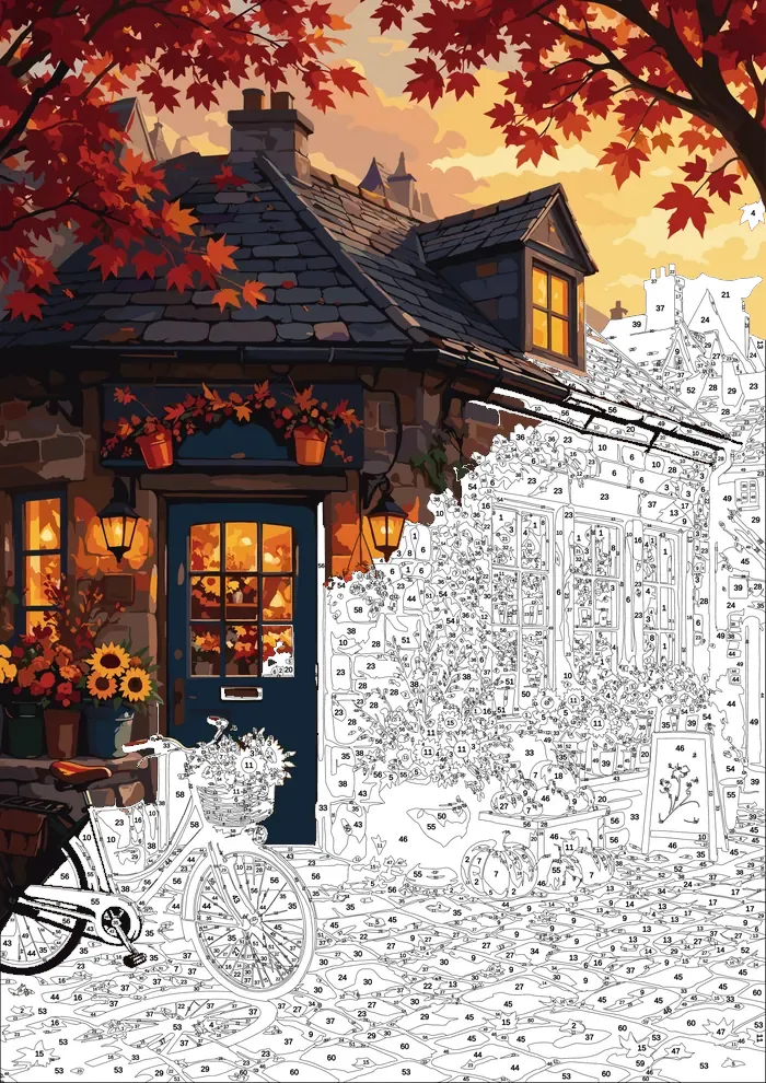 Autumn Flower Shop — half painted, showing the numbered scheme