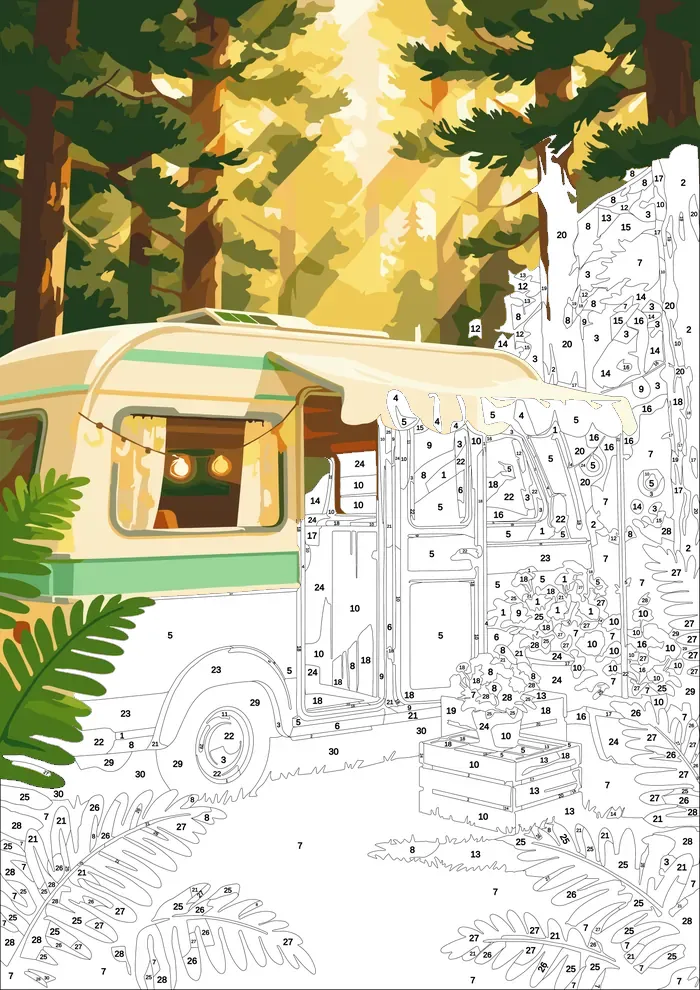 Camper Van — half painted, showing the numbered scheme