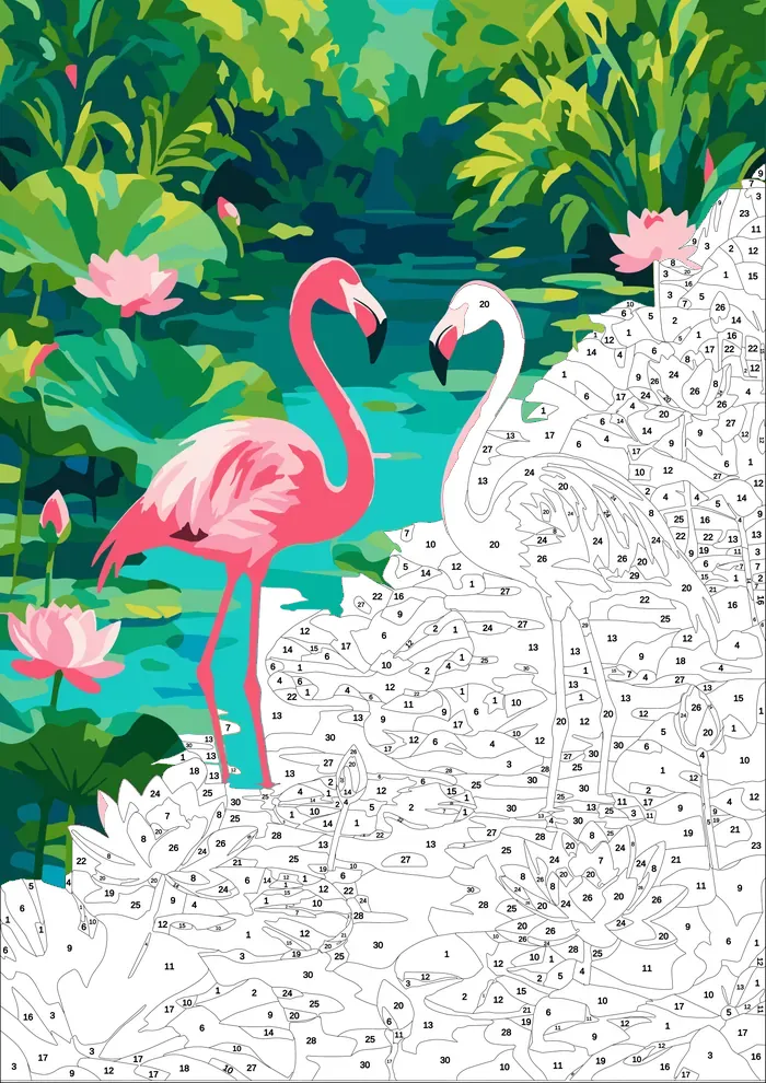Flamingos — half painted, showing the numbered scheme
