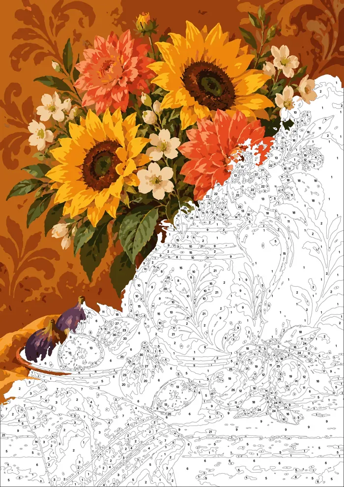 Flower Still Life — half painted, showing the numbered scheme