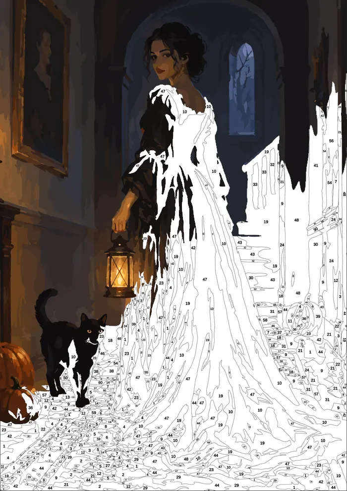 Lady with the Lantern — half painted, showing the numbered scheme