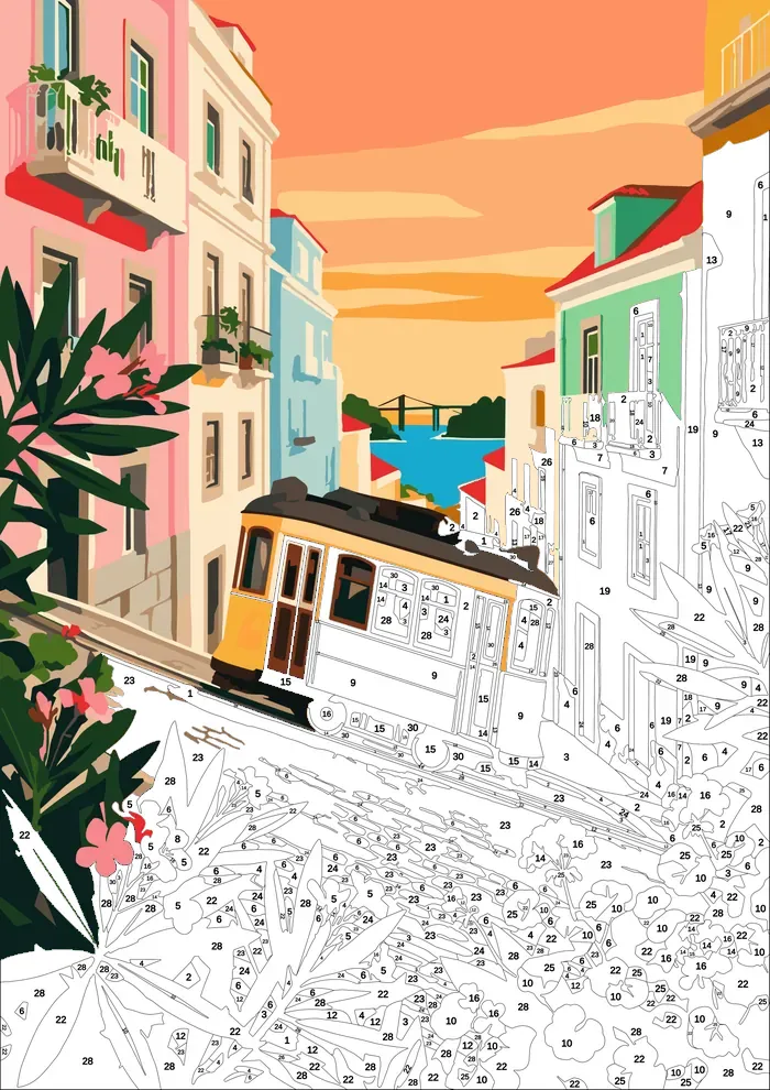Lisbon Tram — half painted, showing the numbered scheme