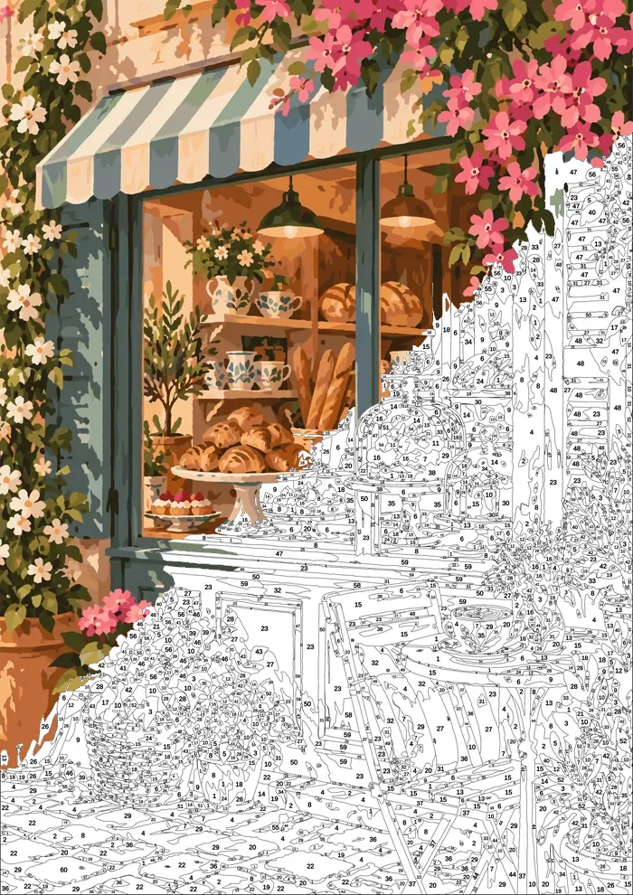 Patisserie Window — half painted, showing the numbered scheme