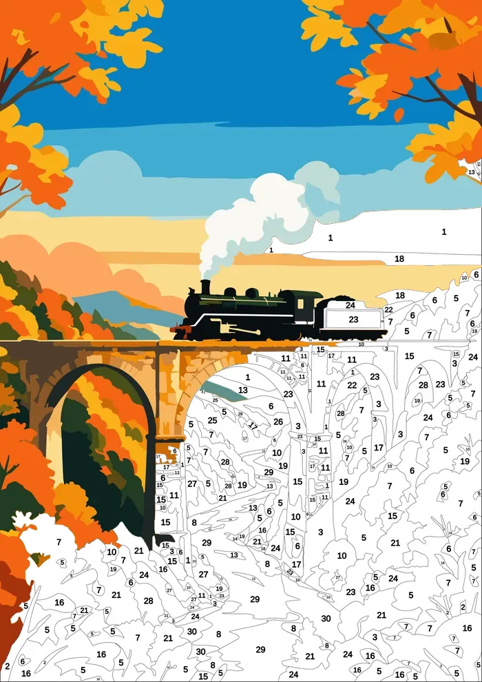 Steam Train Over Viaduct — half painted, showing the numbered scheme