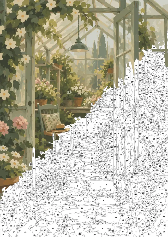 Sunlit Greenhouse — half painted, showing the numbered scheme