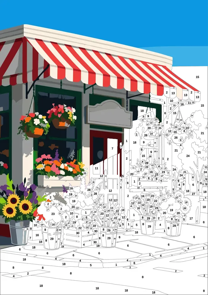 The Flower Shop — half painted, showing the numbered scheme