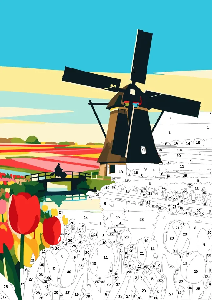 Windmill Tulips — half painted, showing the numbered scheme