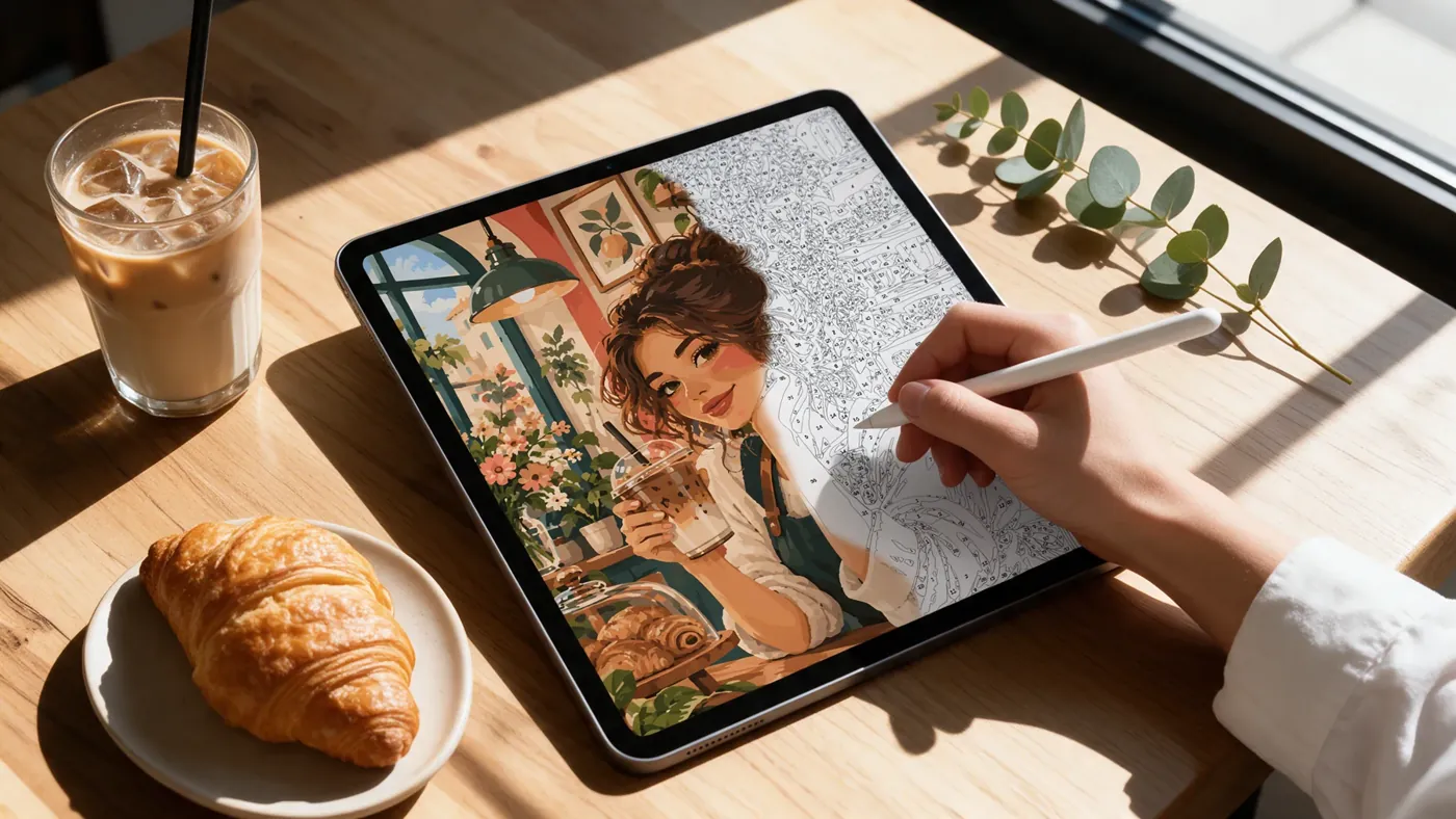 Painting a barista color by number page on an iPad at a sunny cafe table